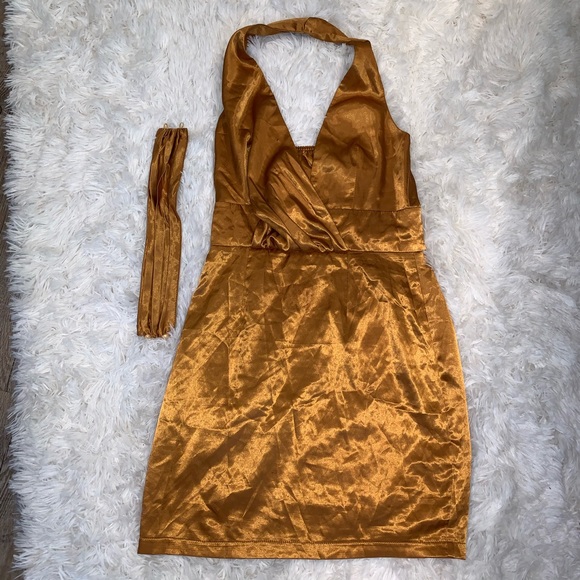 Gold Silky Drape Choker Shift Dress Size Small - Picture 7 of 10